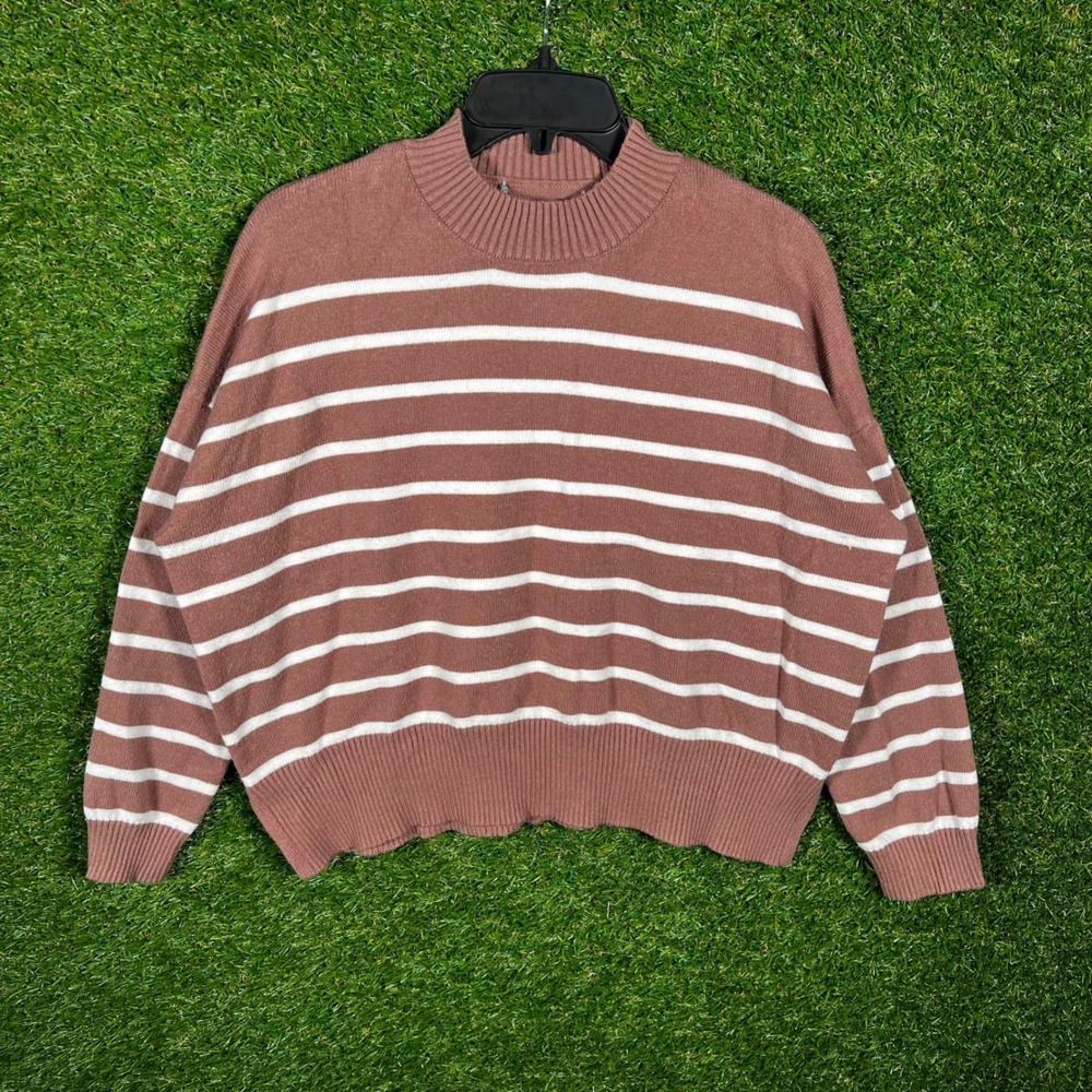 Mauve White Striped Mock Neck Sweater Relaxed Fit Knit Pullover‎ large